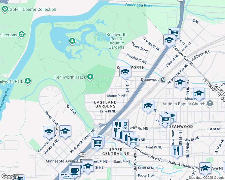 map of restaurants, bars, coffee shops, grocery stores, and more near 4241 Nash Street Northeast in Washington