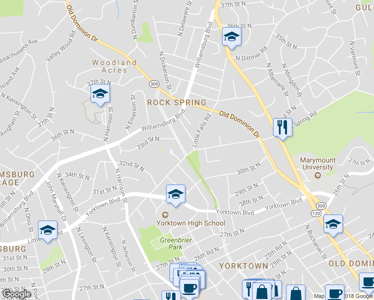 map of restaurants, bars, coffee shops, grocery stores, and more near 3201 North George Mason Drive in Arlington