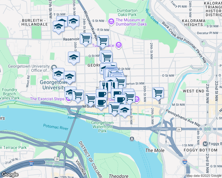map of restaurants, bars, coffee shops, grocery stores, and more near 3225 N Street Northwest in Washington