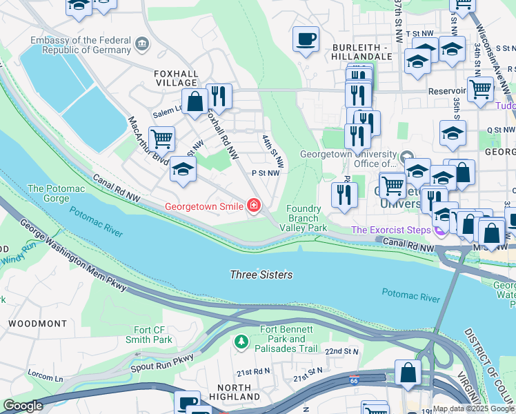 map of restaurants, bars, coffee shops, grocery stores, and more near 4401 MacArthur Boulevard Northwest in Washington