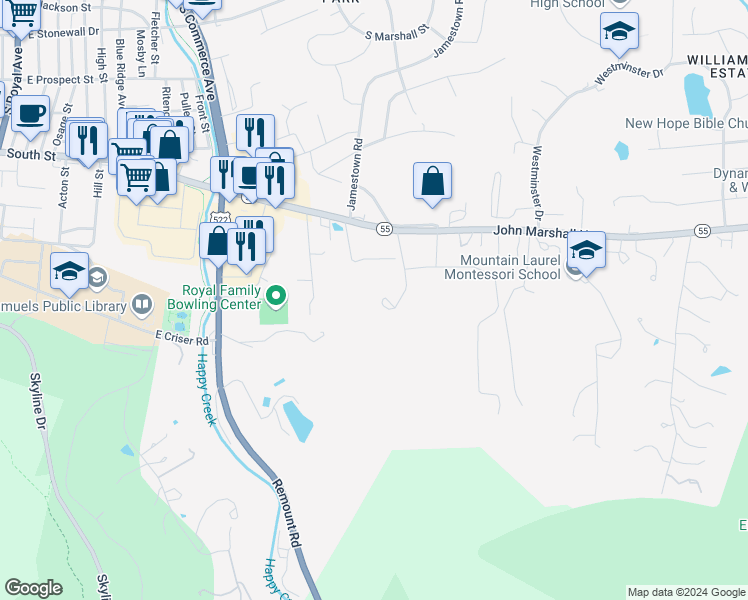 map of restaurants, bars, coffee shops, grocery stores, and more near 139 Tower Road in Front Royal