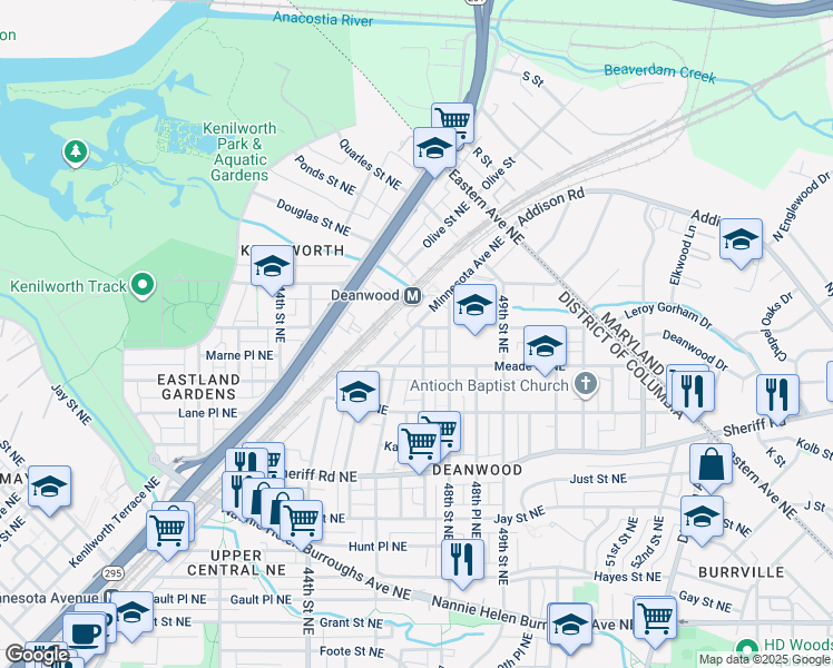 map of restaurants, bars, coffee shops, grocery stores, and more near 4625 Nash Street Northeast in Washington