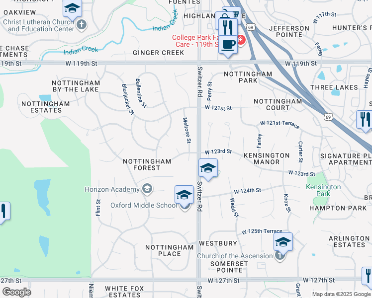 map of restaurants, bars, coffee shops, grocery stores, and more near 10508 West 123rd Street in Overland Park