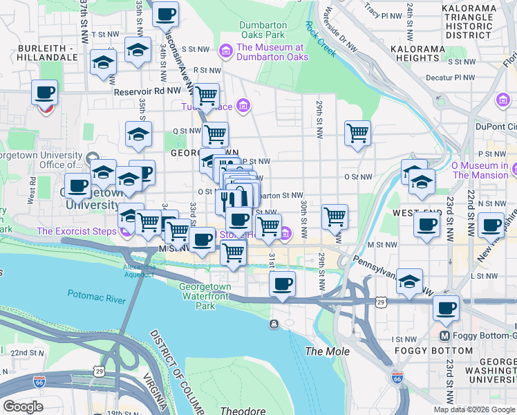 map of restaurants, bars, coffee shops, grocery stores, and more near 3119 N Street Northwest in Washington
