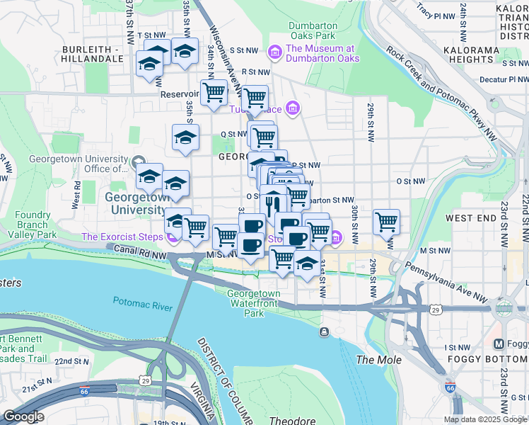 map of restaurants, bars, coffee shops, grocery stores, and more near 3241 N Street Northwest in Washington
