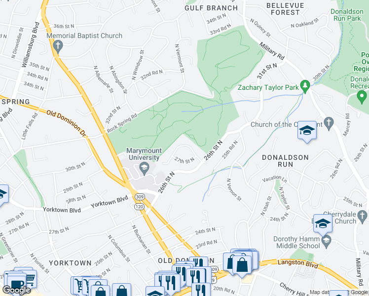 map of restaurants, bars, coffee shops, grocery stores, and more near 2730 North Wakefield Street in Arlington