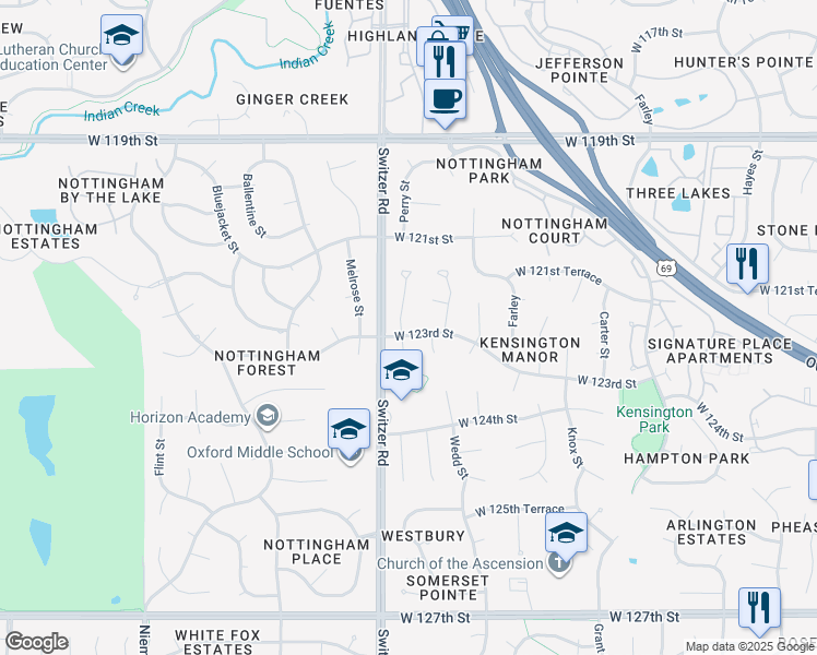 map of restaurants, bars, coffee shops, grocery stores, and more near 12217 Perry St in Overland Park