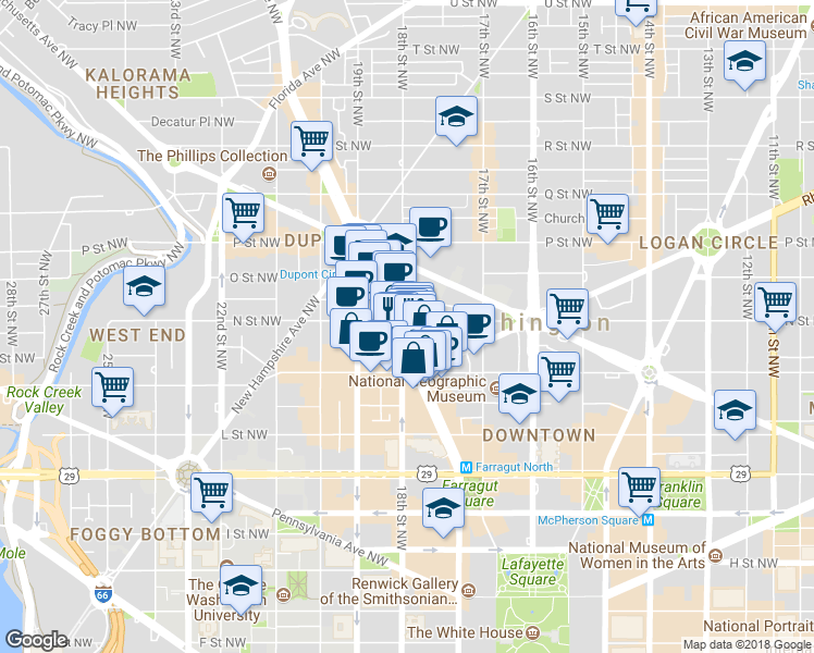 map of restaurants, bars, coffee shops, grocery stores, and more near 1229 18th Street Northwest in Washington