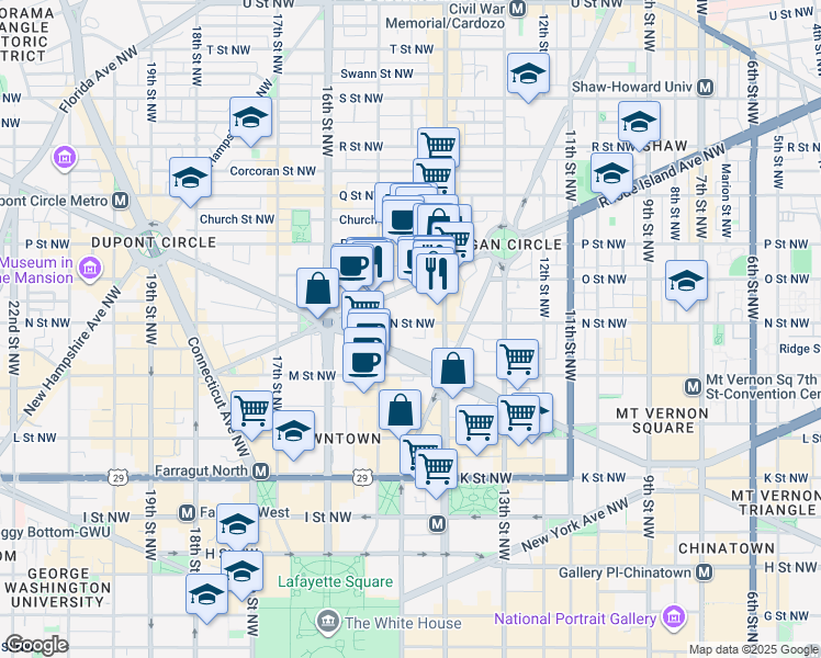 map of restaurants, bars, coffee shops, grocery stores, and more near 1440 N Street Northwest in Washington