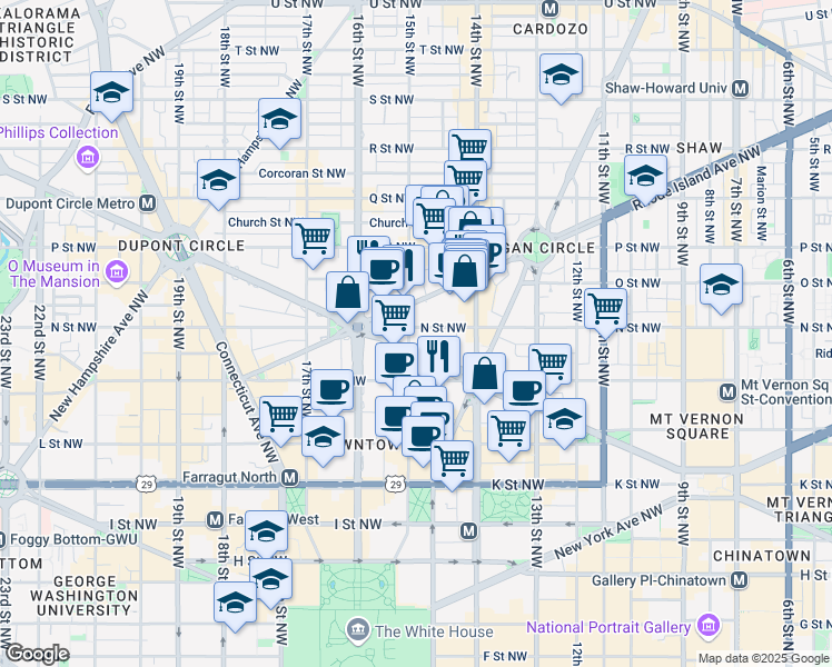 map of restaurants, bars, coffee shops, grocery stores, and more near 1227 15th Street Northwest in Washington