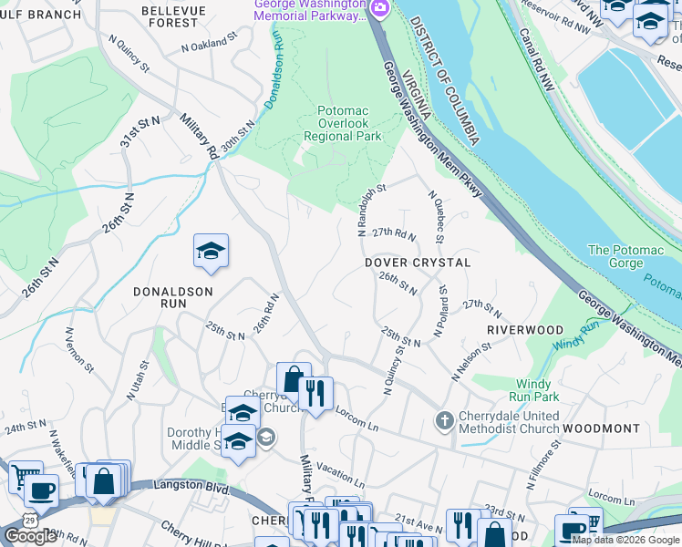 map of restaurants, bars, coffee shops, grocery stores, and more near 4117 27th Street North in Arlington