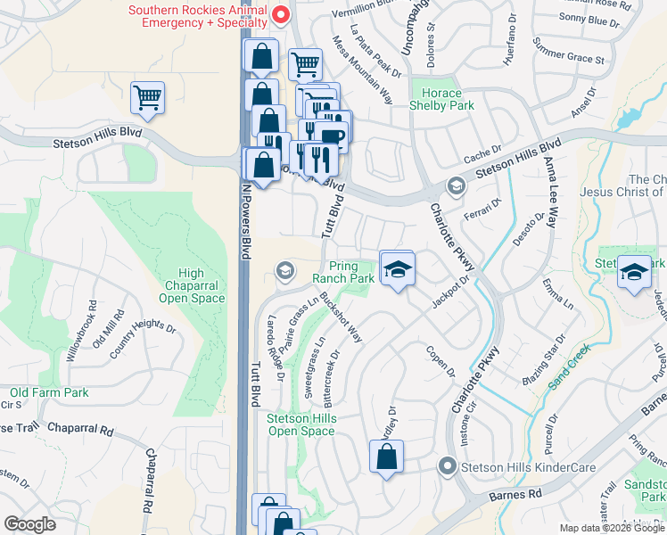 map of restaurants, bars, coffee shops, grocery stores, and more near 5264 Prairie Grass Lane in Colorado Springs