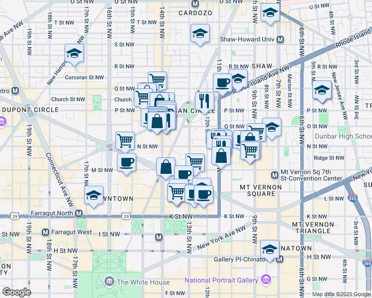 map of restaurants, bars, coffee shops, grocery stores, and more near 1300 N Street Northwest in Washington