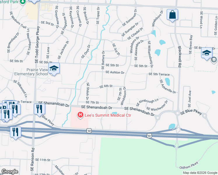 map of restaurants, bars, coffee shops, grocery stores, and more near 601 Southeast Battery Drive in Lee's Summit