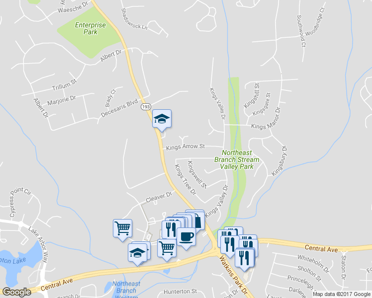 map of restaurants, bars, coffee shops, grocery stores, and more near 12201 Kings Arrow Street in Bowie