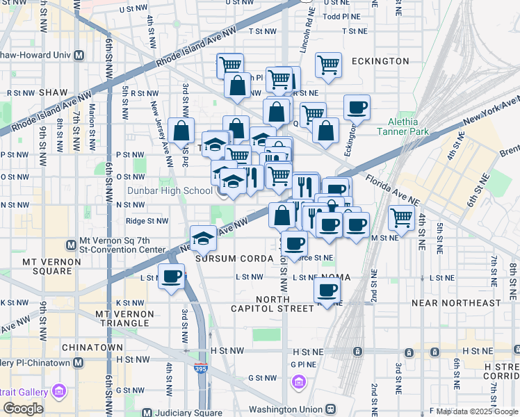 map of restaurants, bars, coffee shops, grocery stores, and more near 41 New York Avenue Northwest in Washington