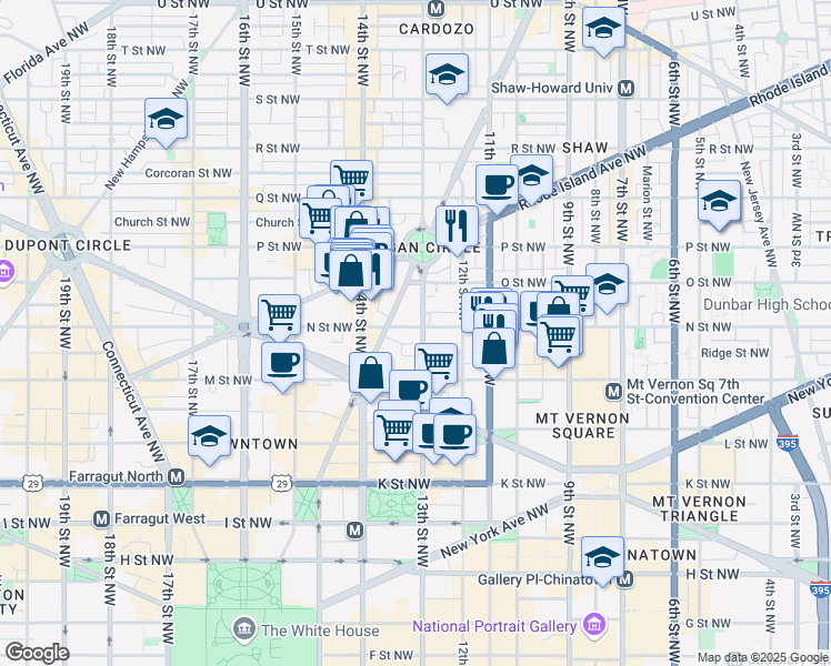 map of restaurants, bars, coffee shops, grocery stores, and more near 1300 N Street Northwest in Washington