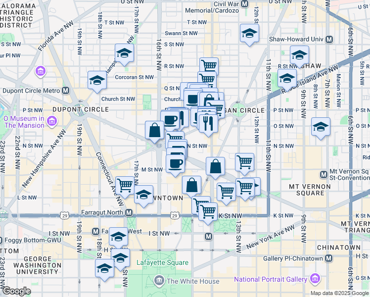 map of restaurants, bars, coffee shops, grocery stores, and more near 1227 15th Street Northwest in Washington