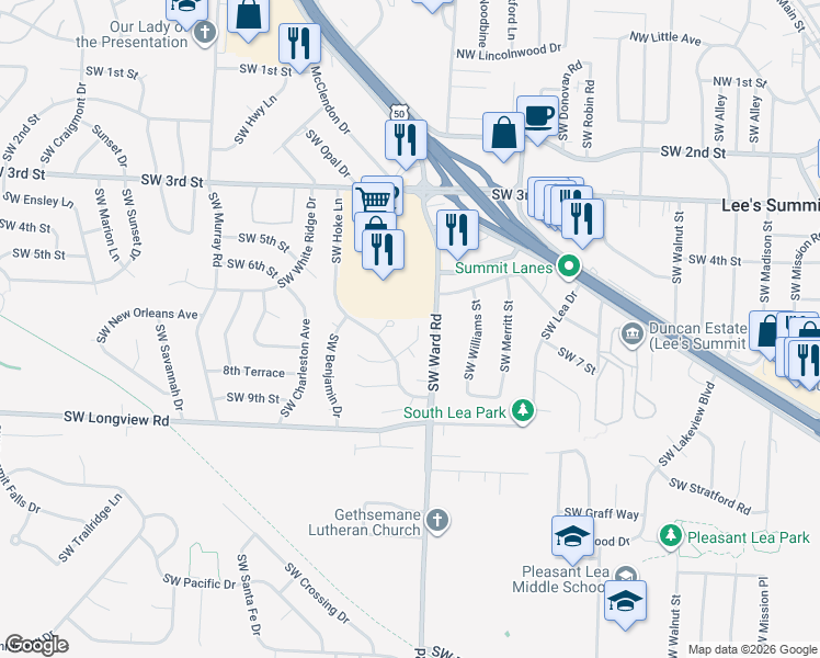 map of restaurants, bars, coffee shops, grocery stores, and more near 1012 Southwest 8 Street in Lee's Summit