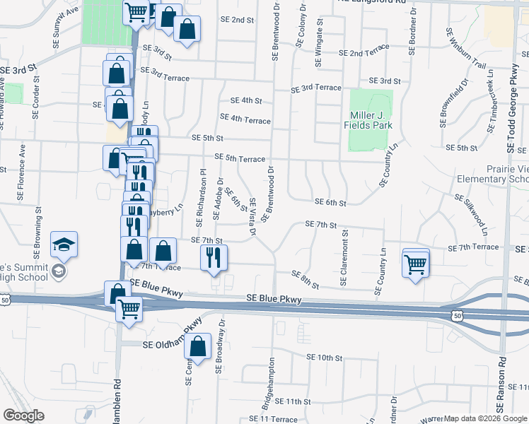 map of restaurants, bars, coffee shops, grocery stores, and more near 602 Southeast Brentwood Drive in Lee's Summit