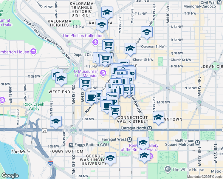 map of restaurants, bars, coffee shops, grocery stores, and more near 1924 N Street Northwest in Washington