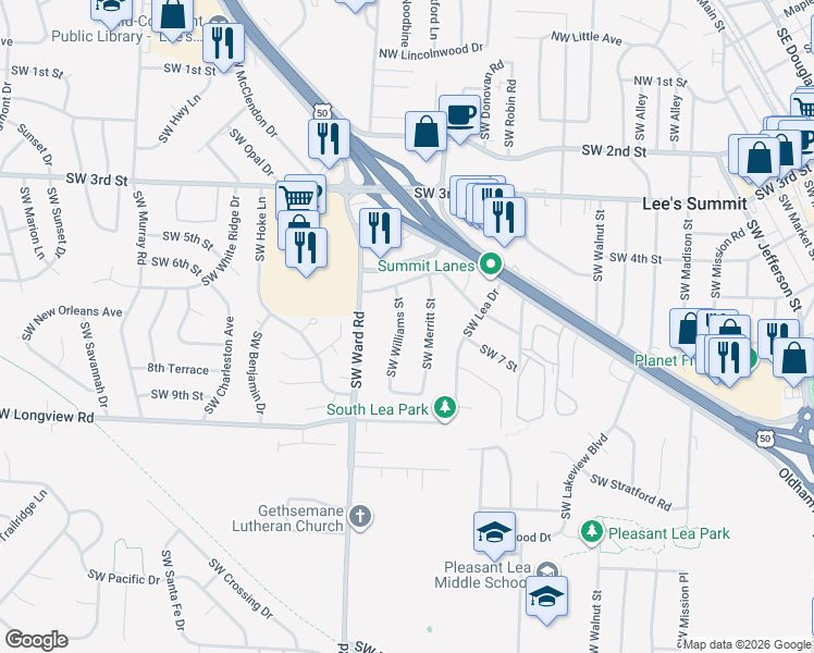 map of restaurants, bars, coffee shops, grocery stores, and more near 611 Southwest Williams Street in Lee's Summit
