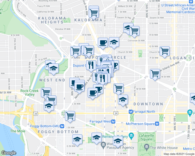 map of restaurants, bars, coffee shops, grocery stores, and more near 1253 20th Street Northwest in Washington