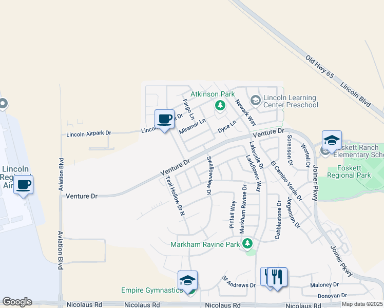 map of restaurants, bars, coffee shops, grocery stores, and more near 1646 La Guardia Circle in Lincoln