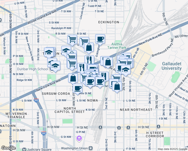 map of restaurants, bars, coffee shops, grocery stores, and more near 1275 First Street Northeast in Washington
