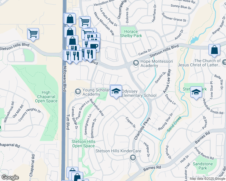 map of restaurants, bars, coffee shops, grocery stores, and more near Bridle Spur Avenue in Colorado Springs