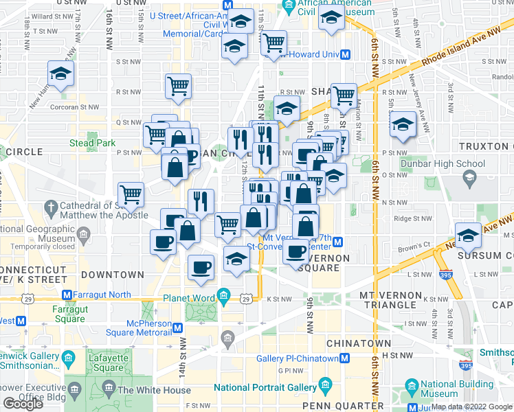 map of restaurants, bars, coffee shops, grocery stores, and more near 1246 11th Street Northwest in Washington