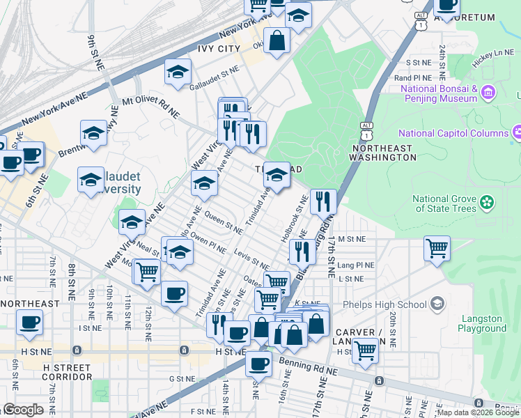 map of restaurants, bars, coffee shops, grocery stores, and more near 101 Independence Avenue Southeast in Washington