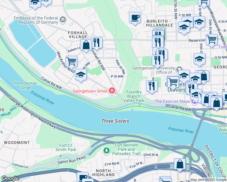 map of restaurants, bars, coffee shops, grocery stores, and more near 4401 MacArthur Boulevard Northwest in Washington