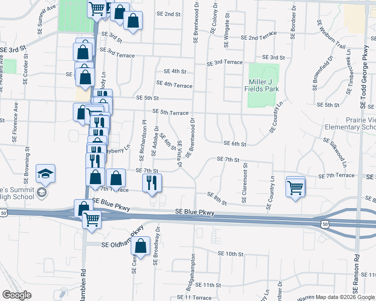 map of restaurants, bars, coffee shops, grocery stores, and more near 602 Southeast Brentwood Drive in Lee's Summit