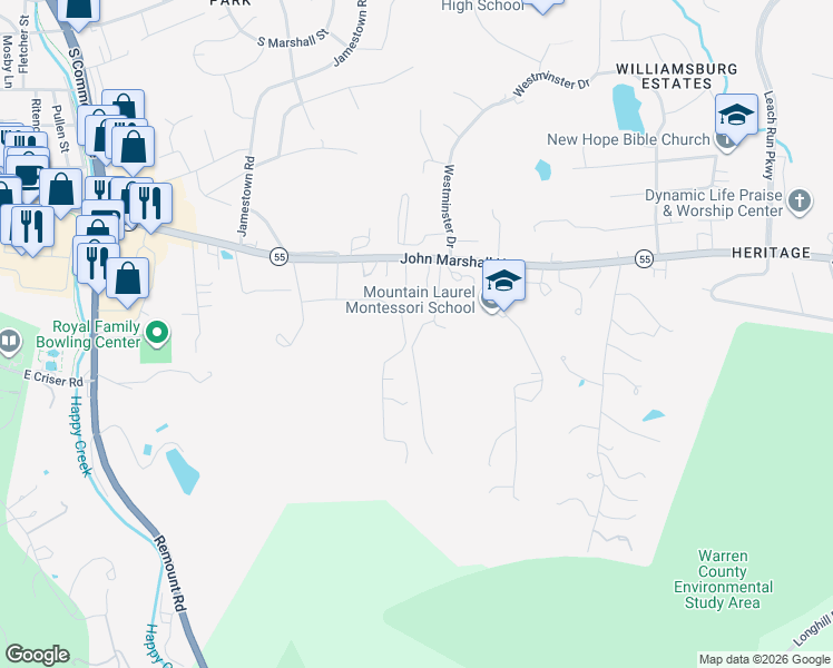 map of restaurants, bars, coffee shops, grocery stores, and more near 224 Summit Drive in Front Royal