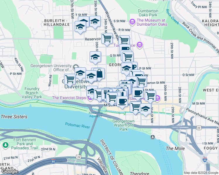 map of restaurants, bars, coffee shops, grocery stores, and more near 3333 N Street Northwest in Washington
