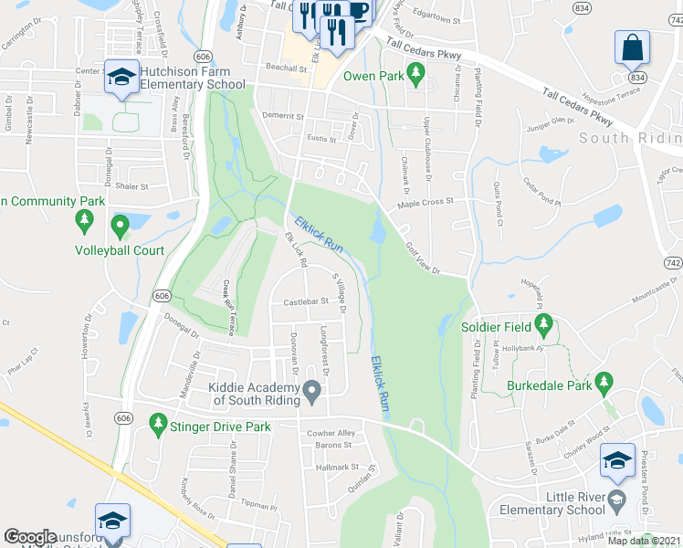 map of restaurants, bars, coffee shops, grocery stores, and more near 25694 South Village Drive in Chantilly