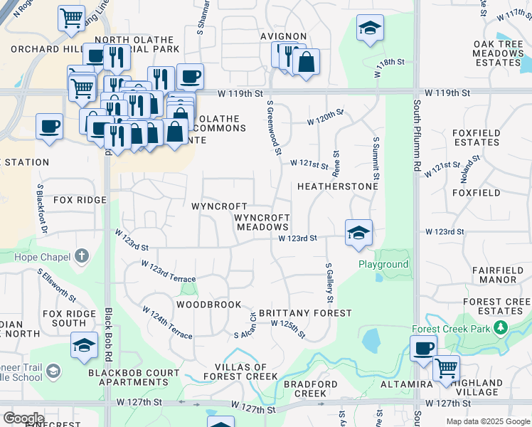 map of restaurants, bars, coffee shops, grocery stores, and more near 14318 West 123rd Street in Olathe