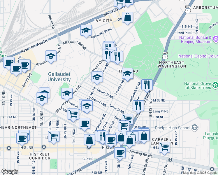 map of restaurants, bars, coffee shops, grocery stores, and more near 101 Independence Avenue Southeast in Washington
