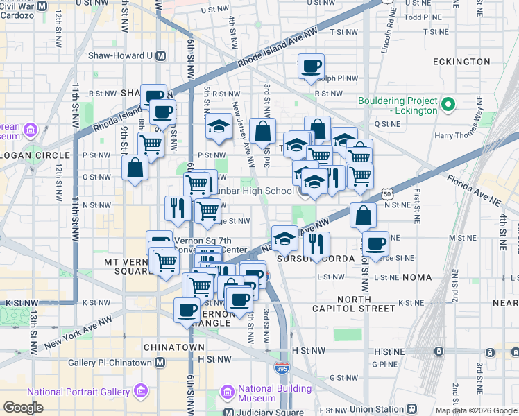 map of restaurants, bars, coffee shops, grocery stores, and more near 1256 New Jersey Avenue Northwest in Washington