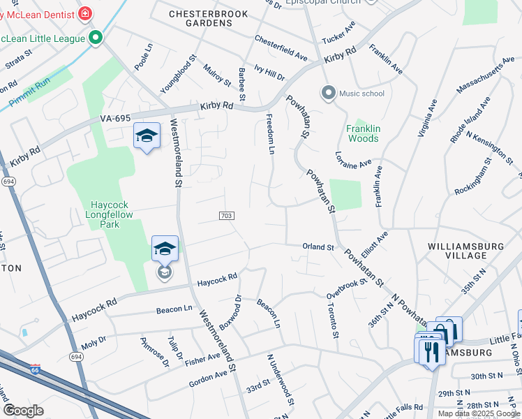 map of restaurants, bars, coffee shops, grocery stores, and more near 6516 Cape Court in Falls Church