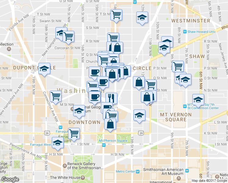 map of restaurants, bars, coffee shops, grocery stores, and more near 1200 14th Street Northwest in Washington