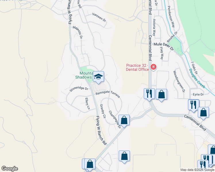 map of restaurants, bars, coffee shops, grocery stores, and more near 5055 Champagne Drive in Colorado Springs