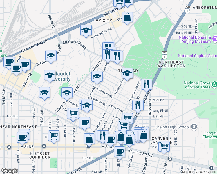 map of restaurants, bars, coffee shops, grocery stores, and more near 101 Independence Avenue Southeast in Washington