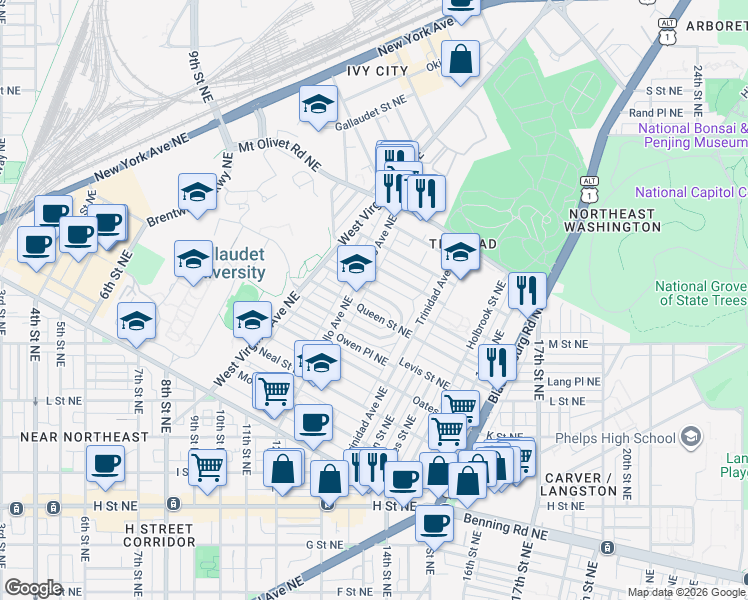 map of restaurants, bars, coffee shops, grocery stores, and more near 101 Independence Avenue Southeast in Washington