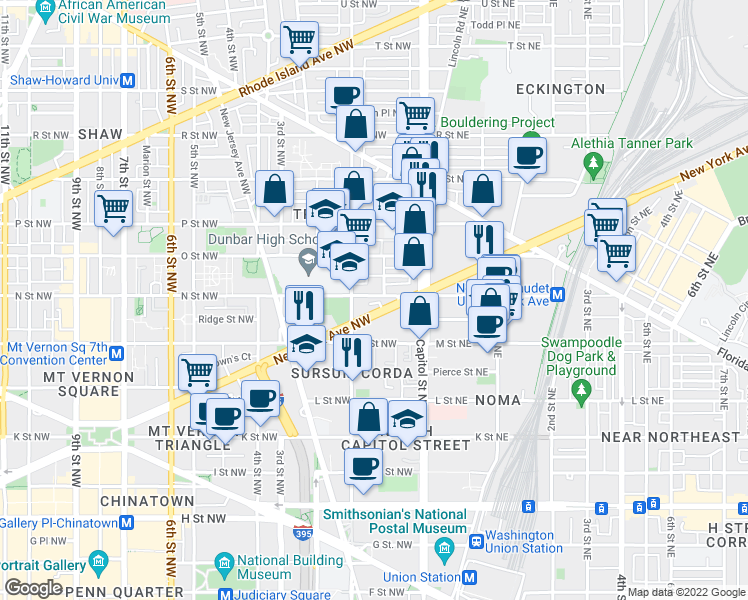 map of restaurants, bars, coffee shops, grocery stores, and more near 101 Independence Avenue Southeast in Washington