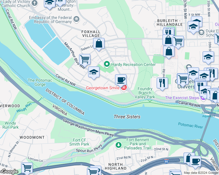 map of restaurants, bars, coffee shops, grocery stores, and more near 4538 Westhall Drive in Washington