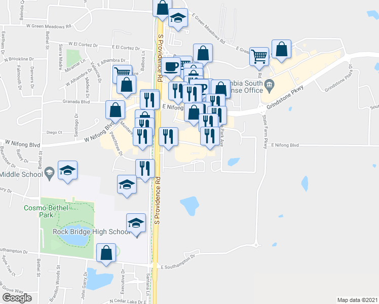 map of restaurants, bars, coffee shops, grocery stores, and more near 2106 Buttonwood Drive in Columbia