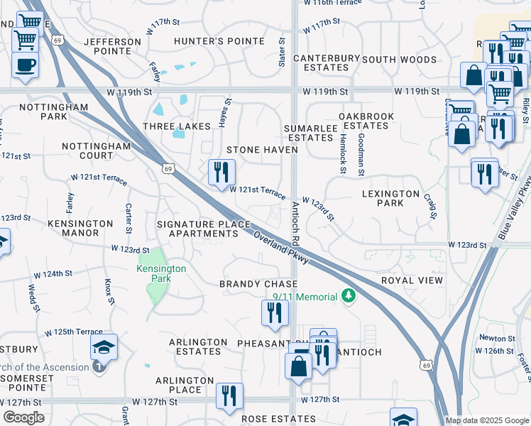map of restaurants, bars, coffee shops, grocery stores, and more near 10-2 West 121st Terrace in Overland Park