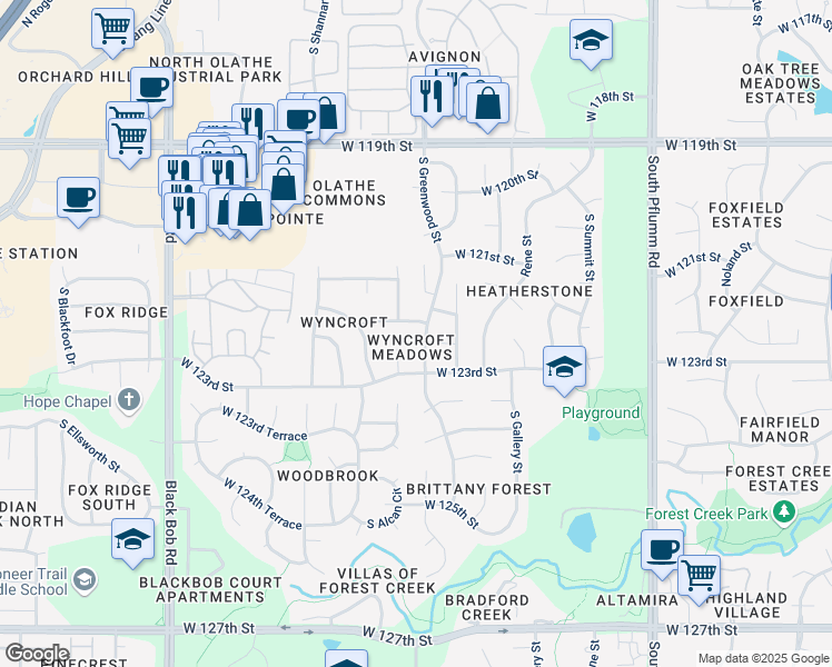 map of restaurants, bars, coffee shops, grocery stores, and more near 14318 West 123rd Street in Olathe